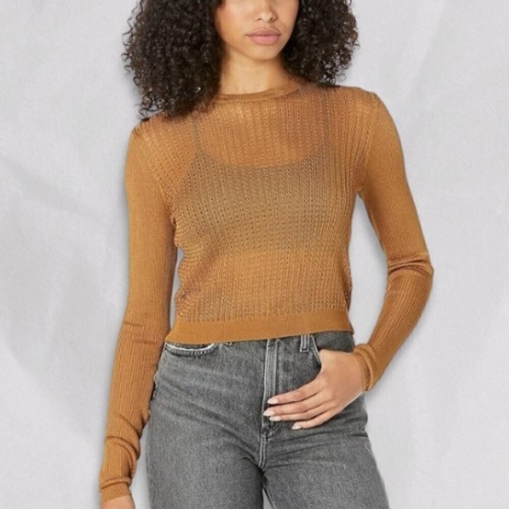Free People Sweater Tiger Eye H20 Crewneck Long Sleeve Soft Mesh Knit Pullover L